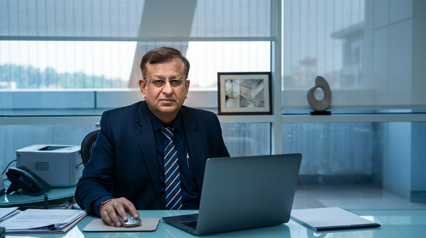 PANKAJ MANCHANDA seated at his executive office desk with a laptop and documents, glass-walled office behind him