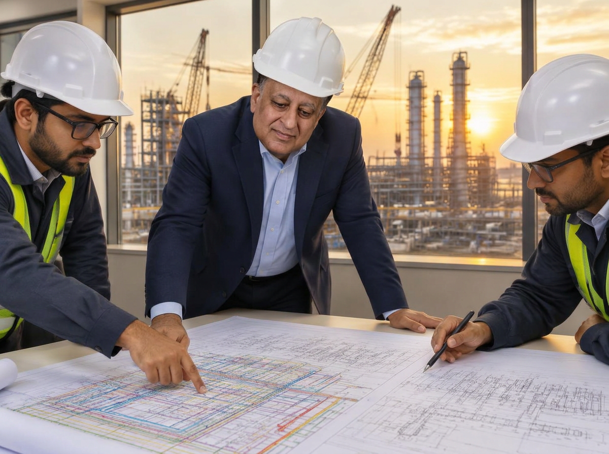 PANKAJ MANCHANDA in a safety helmet reviewing engineering drawings and piping layouts with engineers at an EPC plant under construction