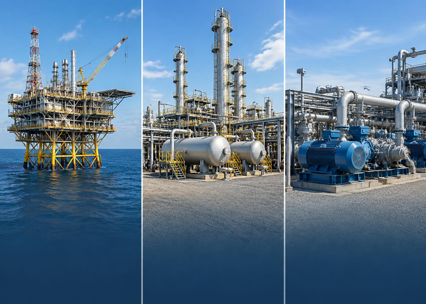 Offshore production platform, onshore process installation and gas compressor plant